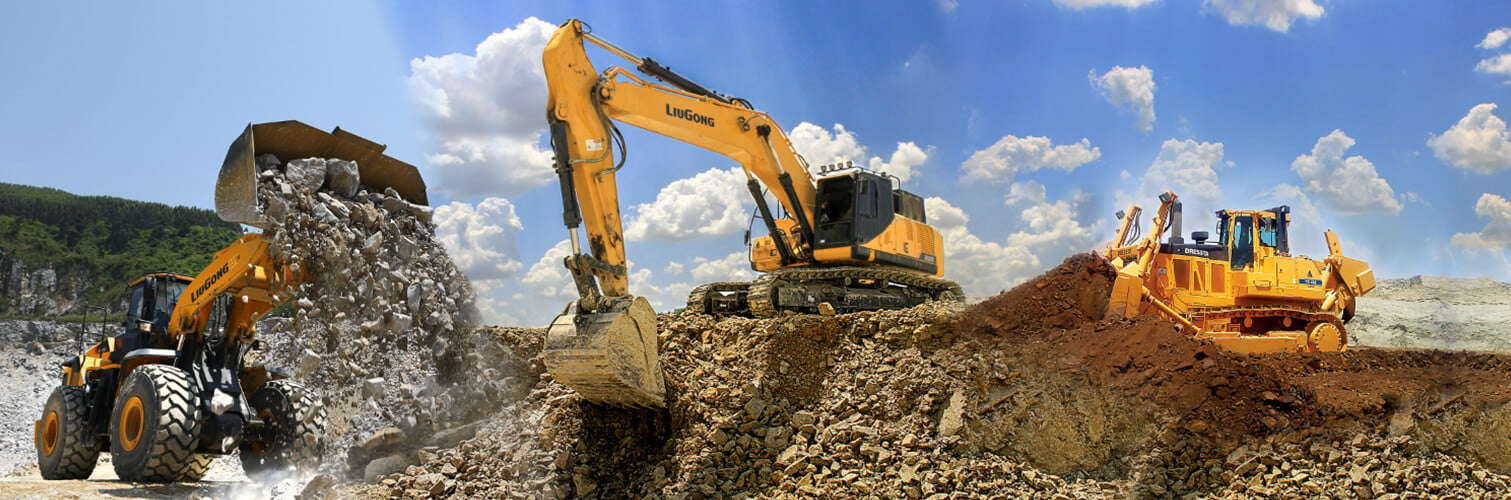 Collage photo of a wheel loader, excavator and dozer